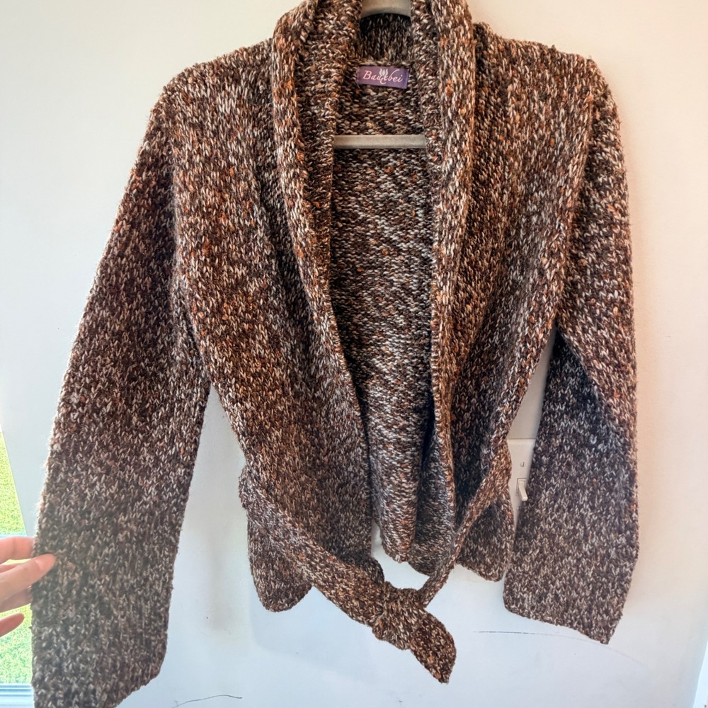 Y2K Bauxbei Belted Cardigan Sweater Womens Medium Brown Marled Knit Cottagecore